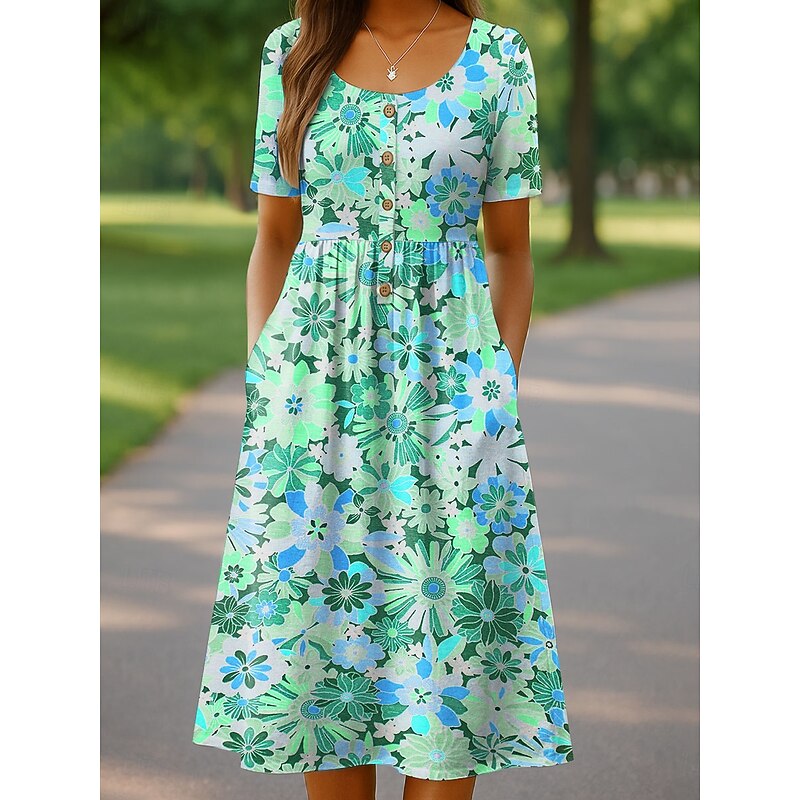 Women's Midi Dress Casual Dress Sundress A Line Dress Summer Dress Vacation Casual Beach Holiday Regular Fit Floral Graphic Short Sleeve Crew Neck Pink Blue Orange Green Summer Spring3
