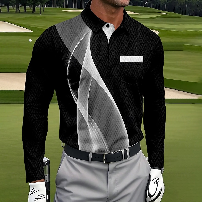 Men's Geometric Golf Polo Sports Polo Shirts Long Sleeve Polo Shirts Collared Shirts Sportswear Business Casual Athleisure Daily Wear Pocket 3D Print Buttons Spring Fall White Red Blue