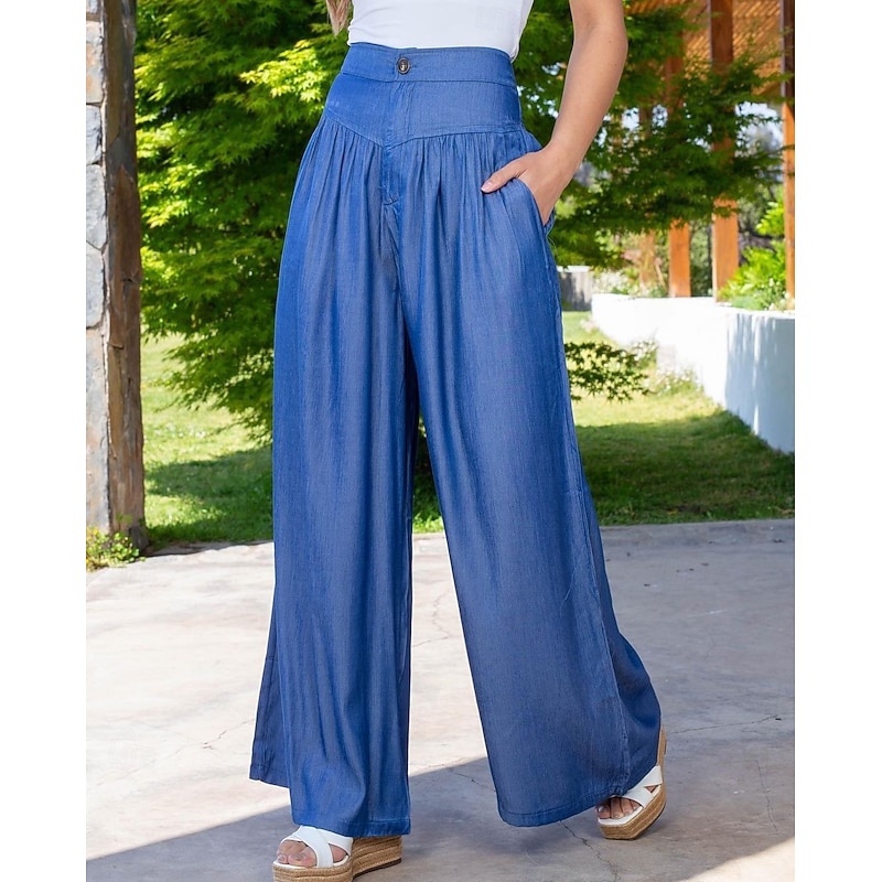 Women's Wide Leg Slacks Casual Full Length Natural Plain Side Pockets Comfy Breathability Casual Daily Blue Light Blue Spring Fall Loose Fit