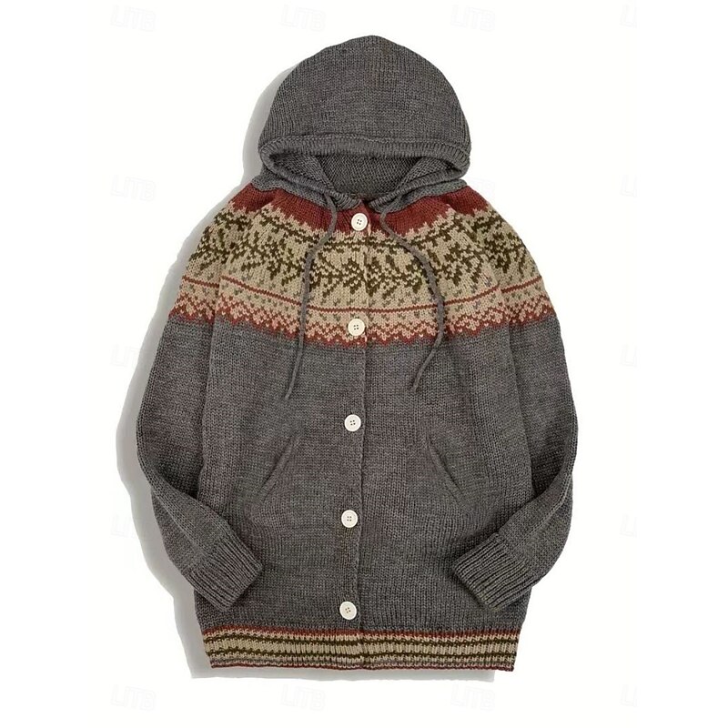 Women's Cardigan Vintage Daily Vintage Style Geometric Ribbed Hooded Knitted Print Front Pocket Long Sleeve Regular Tops Knit Outdoor Daily Dark Gray Fall Winter2
