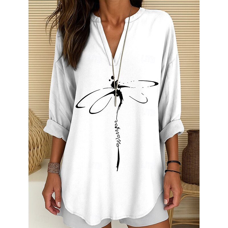 Women's Blouse Tunic V Neck Long Sleeve Boho Casual Tops Graphic Animal Dragonfly Vintage Tropical Regular Tops Daily Wear Print White Blue Purple Green