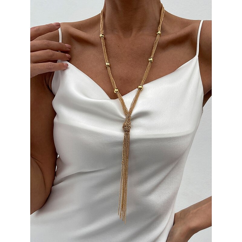 Women's Gold Plated Tassel Necklace - Elegant Layered Chain Choker with Long Fringe Design, Statement Jewelry for Parties, Nightclubs and Evening Events2