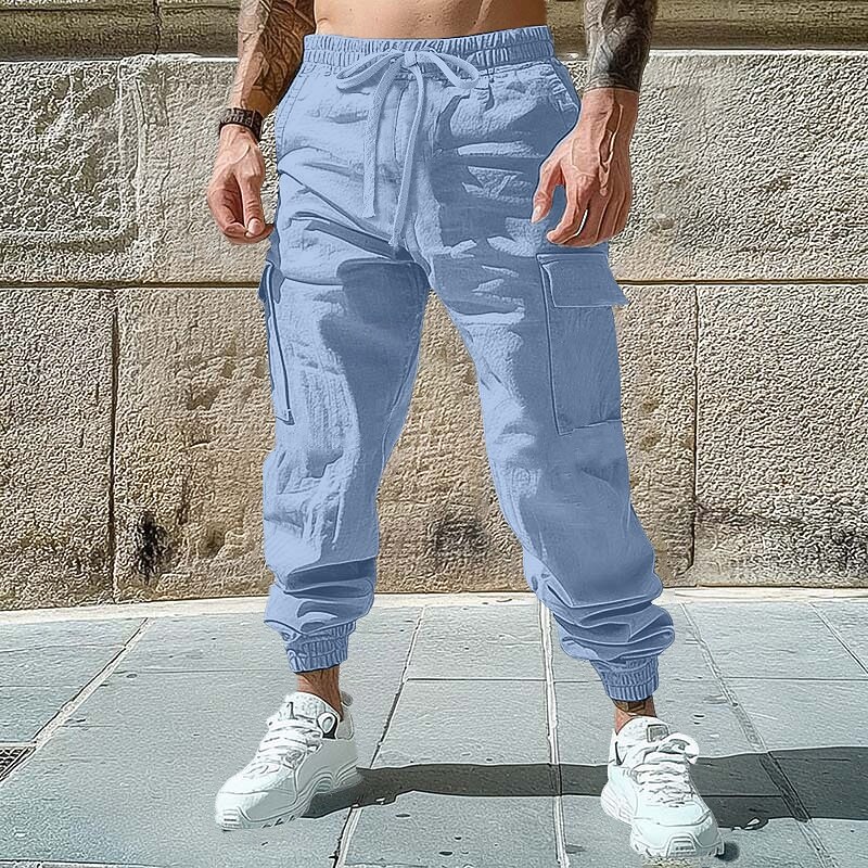 Men's Cargo Pants Linen Pants Trousers Summer Pants Jogger Pants Elastic Waist Drawstring Plain Comfort Breathable Full Length Outdoor Casual Daily Vacation Fashion Black White Inelastic4