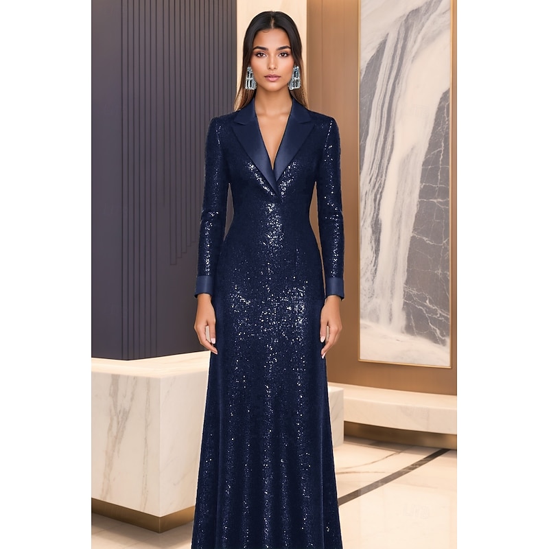 Tuxedo Dress A-Line Formal Wedding Guest Kentucky Derby Sequin Elegant Celebrity Style Long Sleeve Floor Length Lapel4