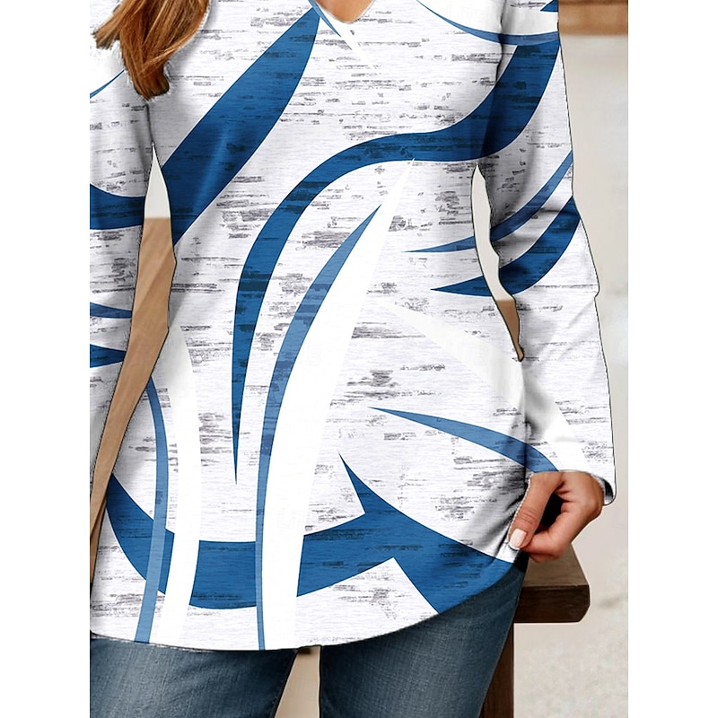 Women's T Shirt Graphic Geometric Abstract Vintage Stylish Classic Long Sleeve V Neck Regular Tops Daily Cut Out Print Blue Spring Fall3