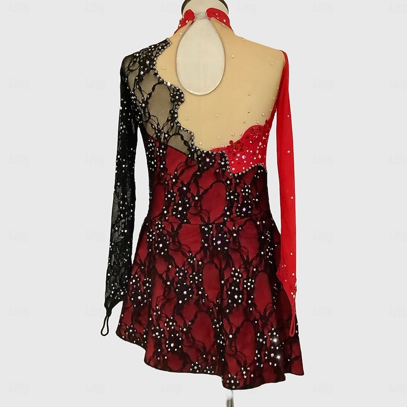 Figure Skating Dress Women's Girls' Ice Skating Dress Black+Red Thumbhole Asymmetric Hem Mesh Spandex Lace Stretchy Training Practice Professional Skating Wear Thermal Warm Classic Crystal2