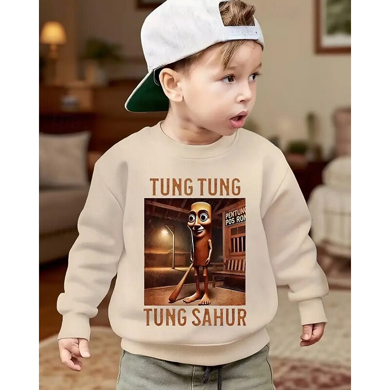 Boys' Casual Long Sleeve Crewneck Sweatshirt with Cartoon Character Design - TUNG TUNG TUNG SAHUR Print Baseball Bat Graphic Spring Fall Fashion Basic Kids 4-12 Years Outdoor Casual Daily Regular Fit