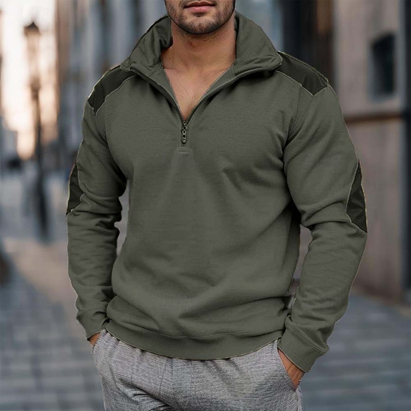 Men's Zip Sweatshirt Tactical Reddish brown Army Green Beige Standing Collar Plain Zip Up Color Block Quarter Zip Sports & Outdoor Casual Daily Streetwear Cool Sportswear Fall & Winter Clothing3