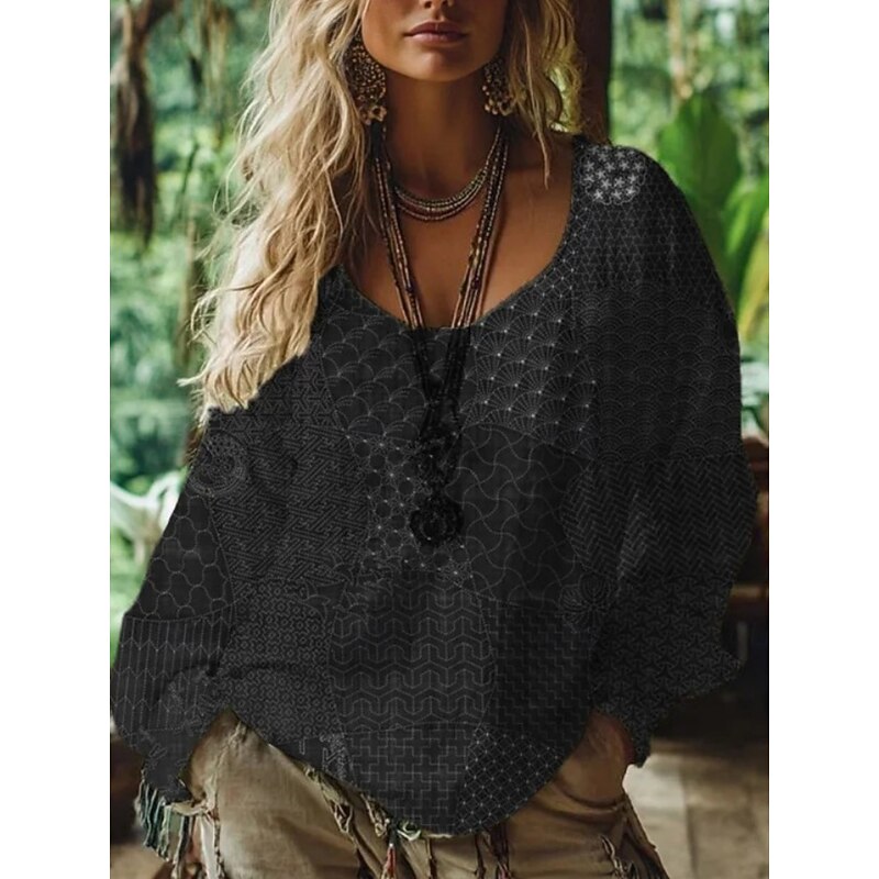 Women's Blouse Floral Vintage Daily Casual Long Sleeve V Neck Regular Tops Daily Holiday Print Black Navy Blue Summer Spring Fall