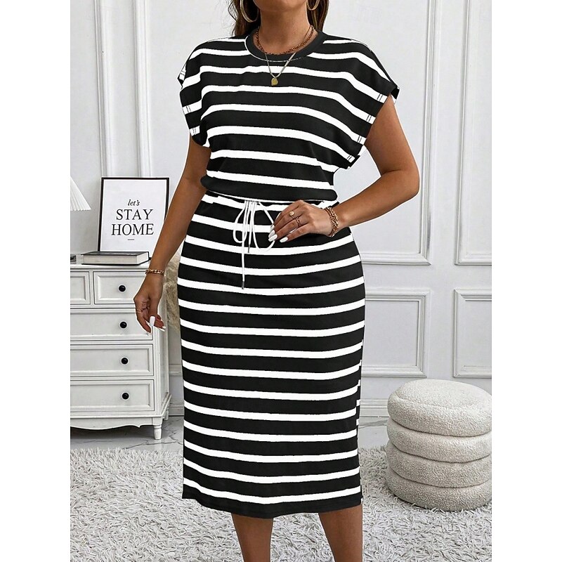 Women's Plus Size Casual Dress Striped V Neck Short Sleeve Summer Spring Fashion Modern Casual Midi Dress Daily Holiday Dress4