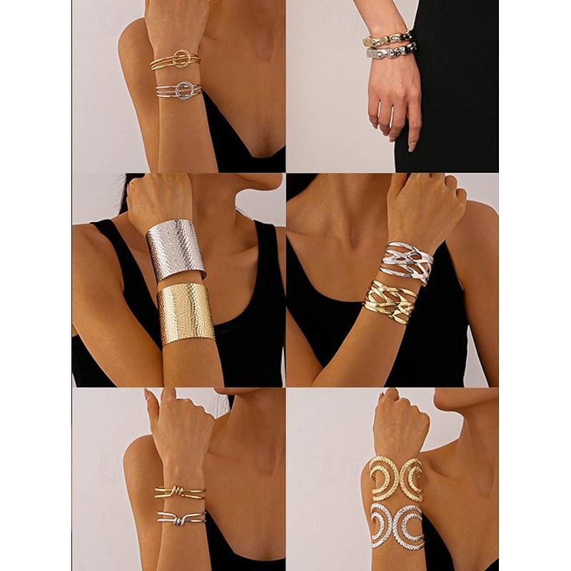Women's Party Bracelet Set - Stylish Gold and Silver Plated Cuff and Chain Bangles, Fashion Statement Jewelry for Women, Perfect for Cocktail and Evening Parties