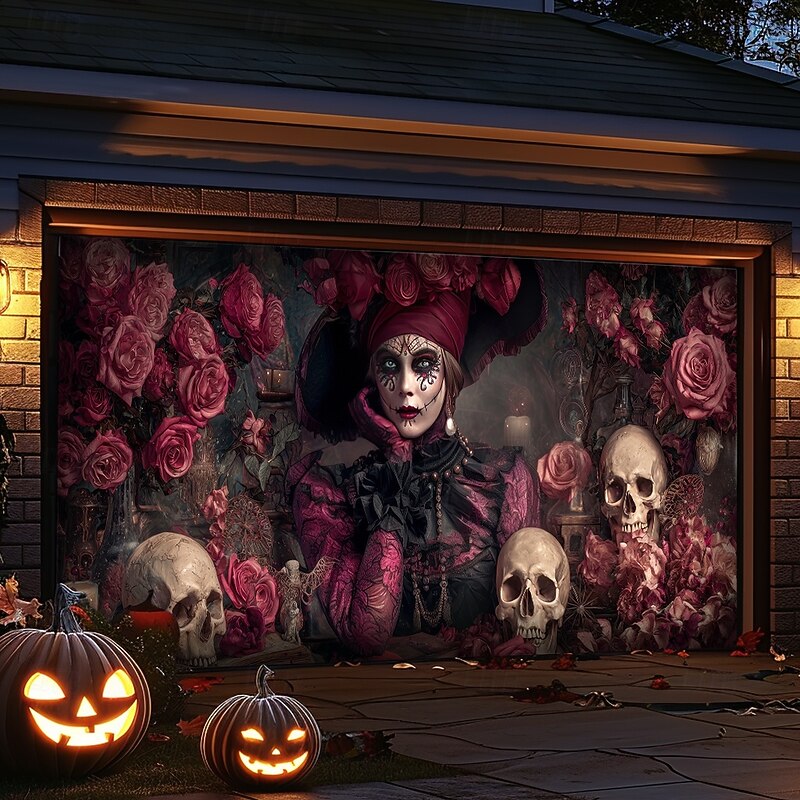 Halloween Outdoor Garage Door Cover Gothic Sugar Skull Skeletons Banner Large Tapestry Backdrop Decoration for Holiday Outdoor Garage Door Home Wall Decorations4