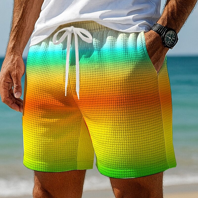 Men's Color Block Rainbow Waffle Shorts Sweat Shorts Casual Shorts Mid Waist Fashion Casual Vacation Jogging Workout Elastic Drawstring Waist Shorts with Pockets Designer Clothing Apparel2
