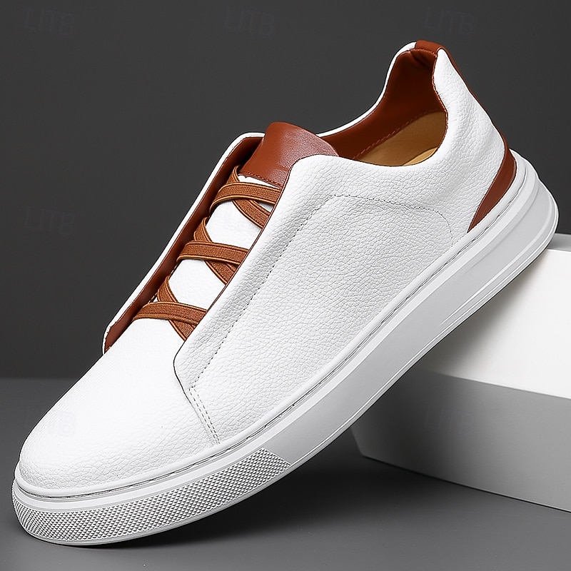 Men's White Casual Sneakers with Brown Accents Comfortable Daily Shoes for Office and Travel - Main Image