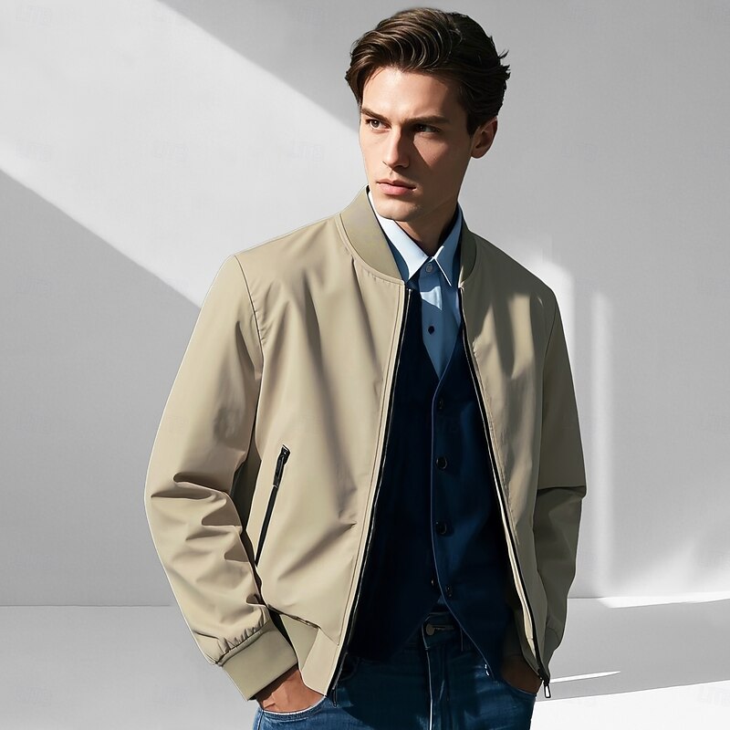 Men's Lightweight Jacket Training Outdoor Windproof Zip Up Pocket Spring Fall Solid Color Elegant Vacation Standing Collar Black Dark Red Navy Blue Khaki Jacket