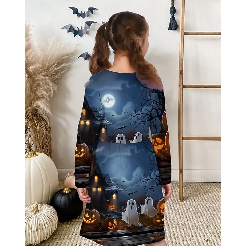 Halloween Girls' 3D Graphic Pumpkin Ghost Dress Long Sleeve Summer Spring Vacation Daily Holiday Princess Beautiful Sweet Kids 4-12 Years Casual Dress A Line Dress Knee-length Regular Fit3