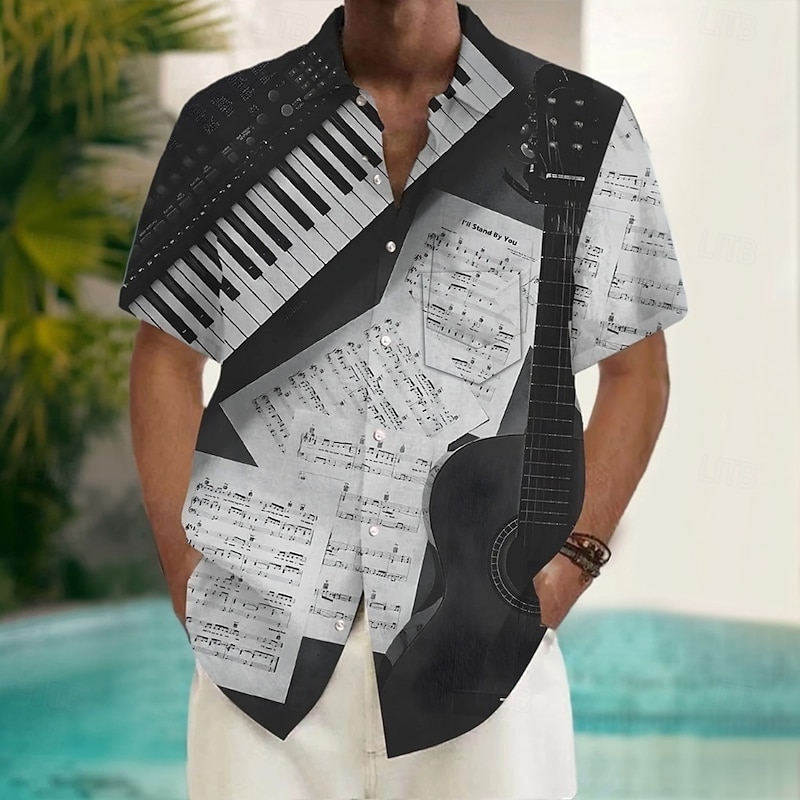 Men's Boardmasters Piano Musical Instrument Shirt Summer Shirt Button Up Shirt Short Sleeve Vintage Retro Vacation Holiday Streetwear Summer Turndown 3D Print Front One Pocket Linen Like Shirt Black