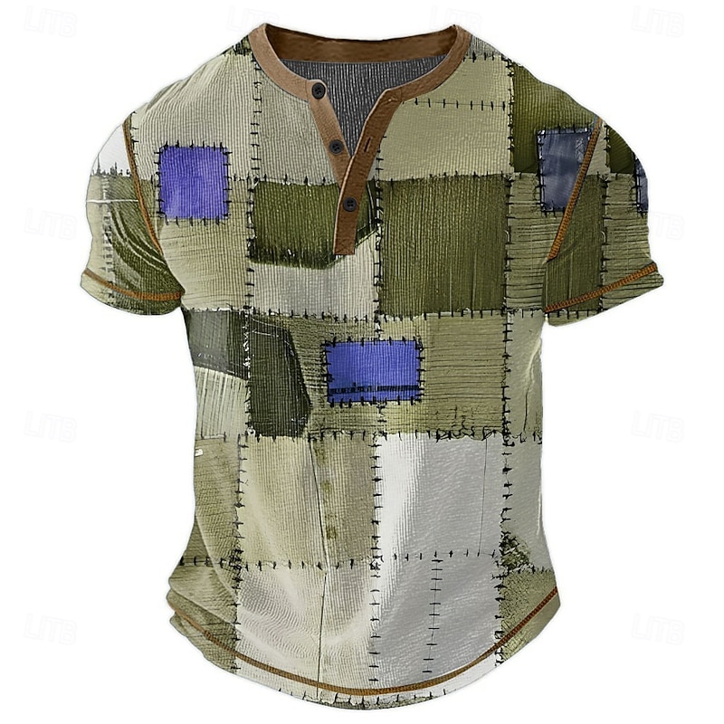 Men's Faux Patchwork Pattern Henley Shirt Waffle T Shirt Short Sleeve Daily Retro Vintage Classic Sports Outdoor Casual Holiday Spring & Summer All Seasons Dark Brown Blue Green Grey Henley Henley3