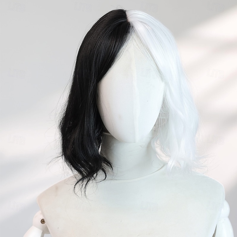 Black & White 10‑Inch Wavy Halloween Wig for Women – Full Bangs, Synthetic Short Hair for Cosplay, Party & Gothic Styles2
