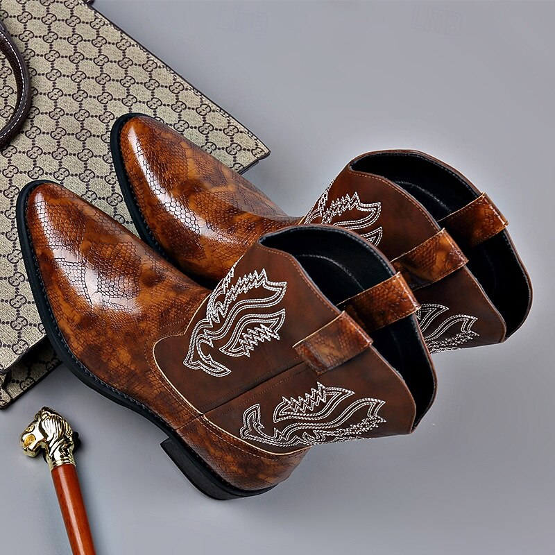 Men's Faux Leather Embroidered Western Cowboy Boots – Brown Square Toe Rodeo Boots for Farm, Festival and Casual Outfits2