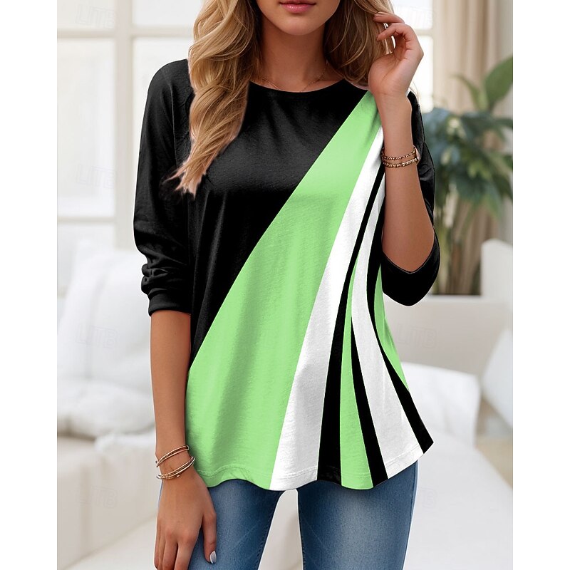 Women's T shirt Long Sleeve Crew Neck Long Sleeve Tunic Graphic Geometric Color Block Vintage Stylish Classic Round Neck Regular Tops Daily Print Pink Blue Purple Green Gray Fall Prefall4