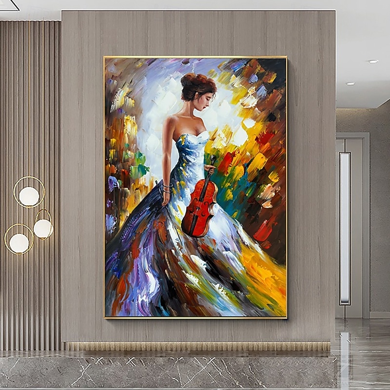 Handmade Canvas Wall Art Modern Violin Girl Classical Oil Paintings Poster Music Studio Music Classroom Decorative for Home Decor Rolled Frameless Unstretched Painting