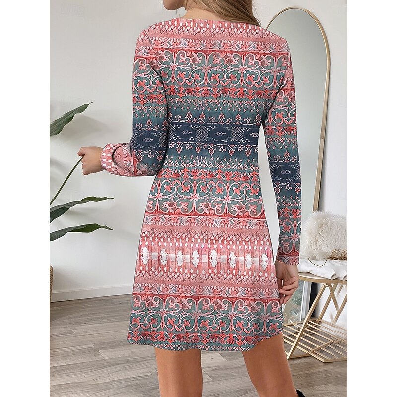 Women's Mini Dress Crew Neck Long Sleeve T Shirt Dress Tee Dress A Line Dress Casual Daily Regular Fit Graphic Geometric Pink Blue Purple Fall Winter2