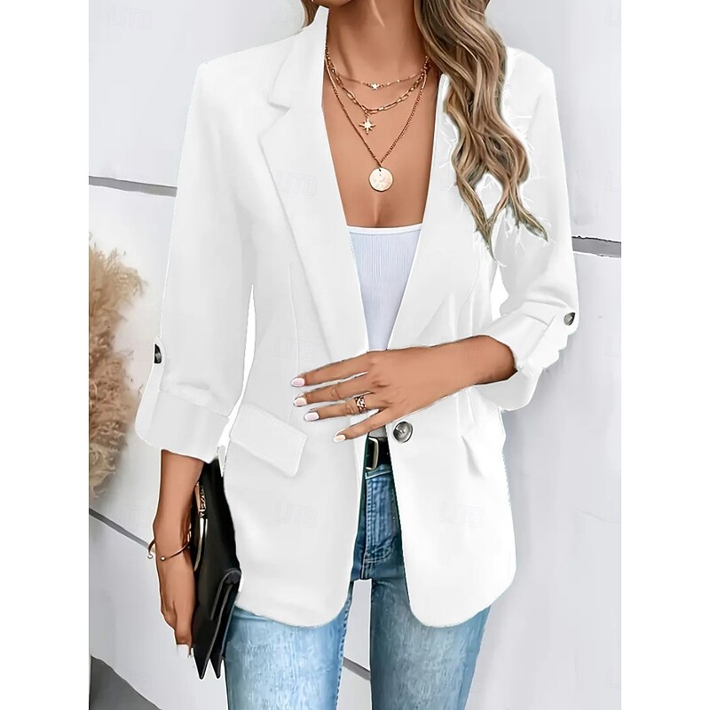Women's Blazer Comfortable Breathable Pocket Fashion Casual Plain Office Street Casual Daily Wear Single Breasted Regular Turndown Regular Fit Long Sleeve Outerwear Black White Wine Summer Winter