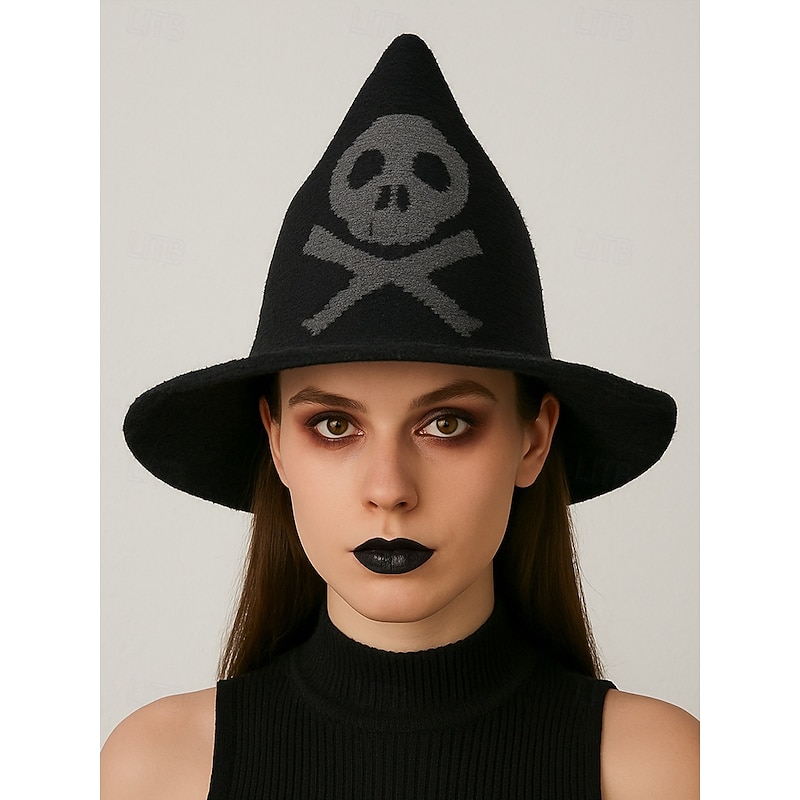 Women's Wool Blend Witch Hat with Skull Pattern – Gothic Halloween Pointed Brim Hat for Costume Parties and Cosplay2