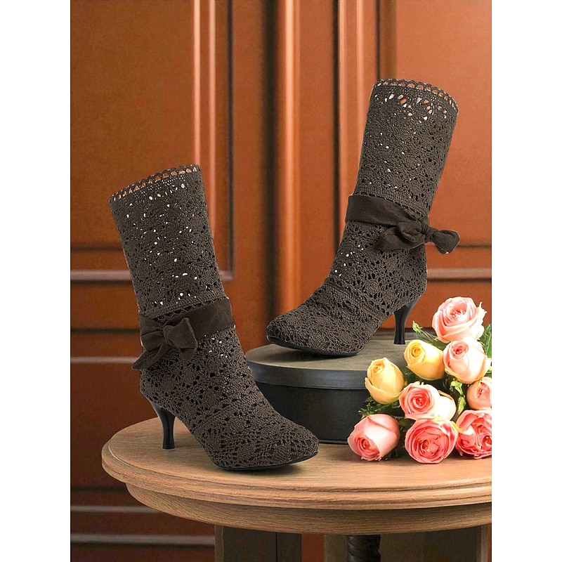 Women's Brown Crochet Lace Mid-Calf Boots with Kitten Heels and Bows - 1900s Edwardian Victorian Style Dress Boots for Ladies, Ideal for Fall Outfits, Costumes, and Tea Parties4