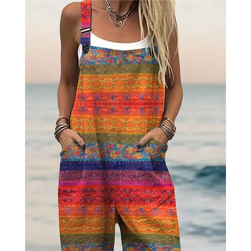 Women's Normal Jumpsuit Streetwear Floral Short Sleeve Wide Leg U Neck Pocket Print Street Daily Regular Fit Orange Summer2