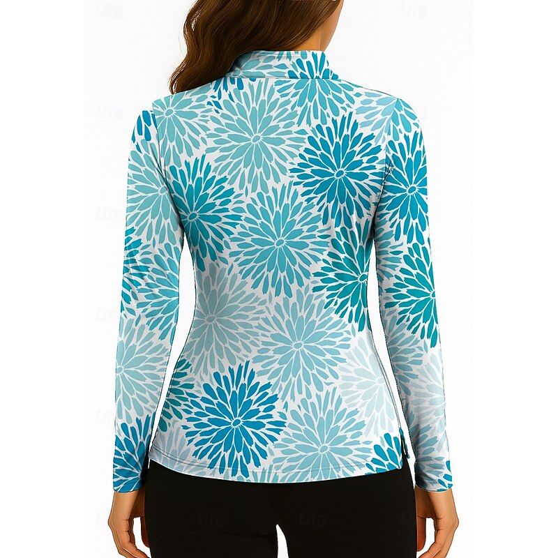 Women's Floral Golf Polo Shirt Tennis Shirt Tennis Sweatshirt Long Sleeve Print Quarter Zip Pullover UV Protection Elastic Breathable Volleyball Tennis Golf Zip Collar Shirt Polo Blue and White2