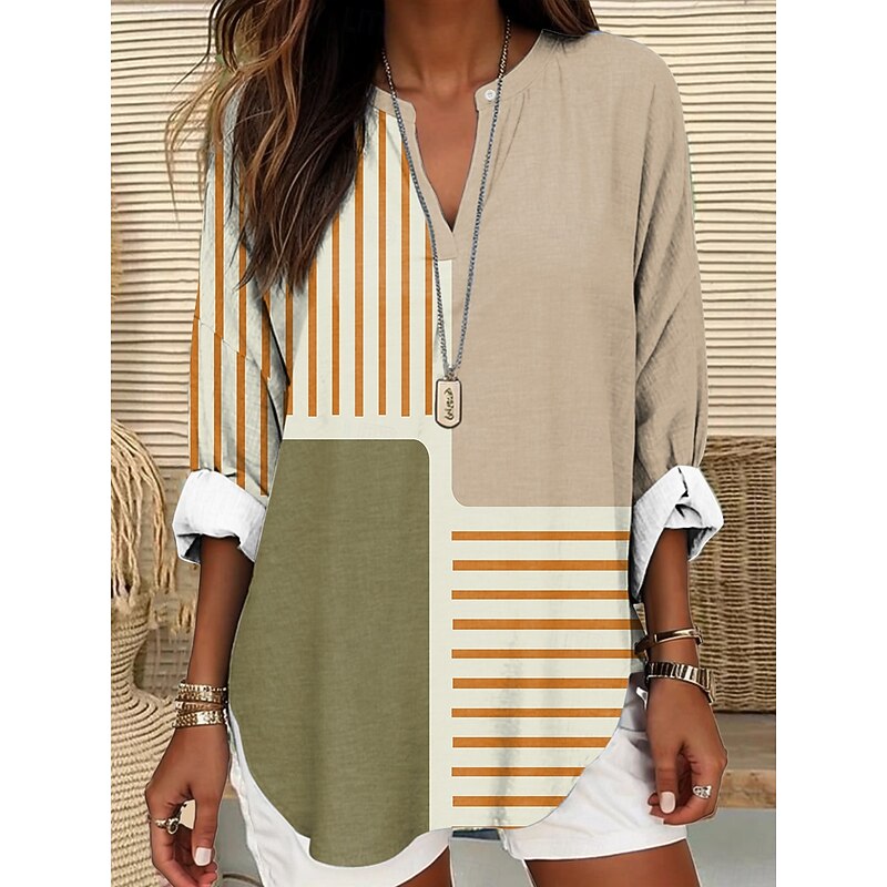 Women's Blouse Tunic V Neck Long Sleeve Boho Casual Summer Tops Graphic Geometric Bohemia Active Vintage Regular Tops Work Daily Print Yellow Red Blue Khaki Gray3