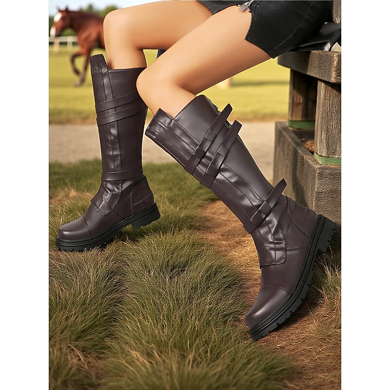 Women's Brown Knee-High Riding Boots – Faux Leather Buckled Equestrian Combat Style for Fall Outdoor Adventures and Medieval-Inspired Cosplay4