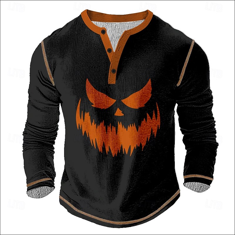 Men's Halloween Pumpkin Henley Shirt Waffle T Shirt Long Sleeve Vintage Daily Retro Vintage Sports Outdoor Casual Holiday Fall Spring & Summer All Seasons Dark Brown Black Orange Henley Henley T-Shirt3