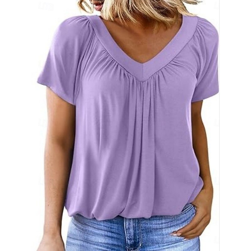 Women's T Shirt Plain Fashion Modern Casual Short Sleeve V Neck Regular Tops Daily Weekend White Purple Fuchsia Green Summer4