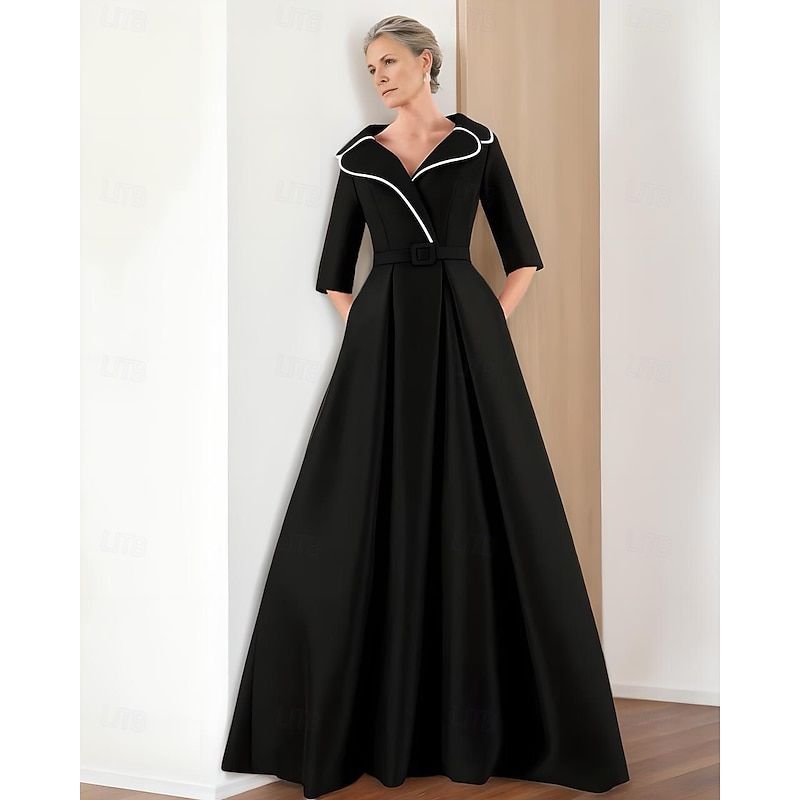 Black and White A-Line Mother of the Bride Dress Elegant Formal Dress Simple Minimalist V Neck Lapel Floor Length Twill Satin 3/4 Length Sleeve with Belt