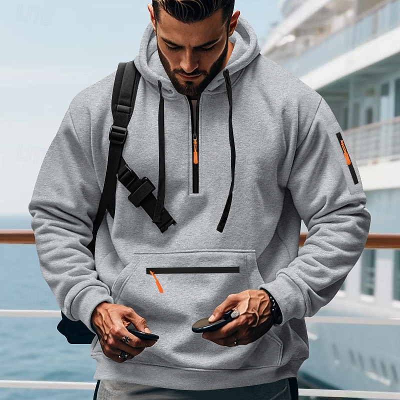 Men's Hoodie Quarter Zip Hoodie Fleece Hoodie Black White Navy Blue Khaki Light Grey Hooded Plain Pocket Sports & Outdoor Daily Holiday Polyester Streetwear Basic Casual Fall Winter Clothing Apparel2