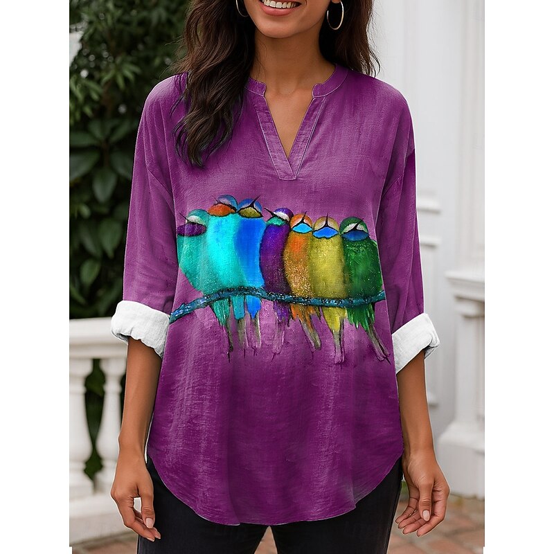 Women's Blouse Tunic V Neck Long Sleeve Boho Casual Tops Graphic Animal Vintage Daily Stylish Regular Tops Daily Wear Print Blue Purple Brown Green Spring Fall2