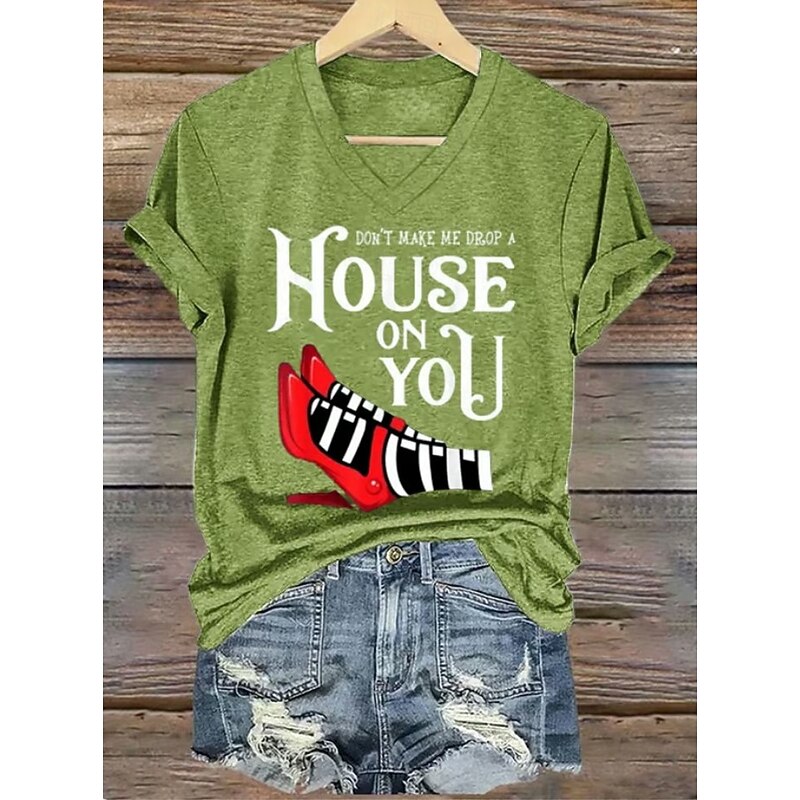 Halloween Women's T shirt Witch Graphic Vintage Stylish Classic Short Sleeve V Neck Regular Tops Daily Print Black White Red Blue Purple Summer Spring Fall3