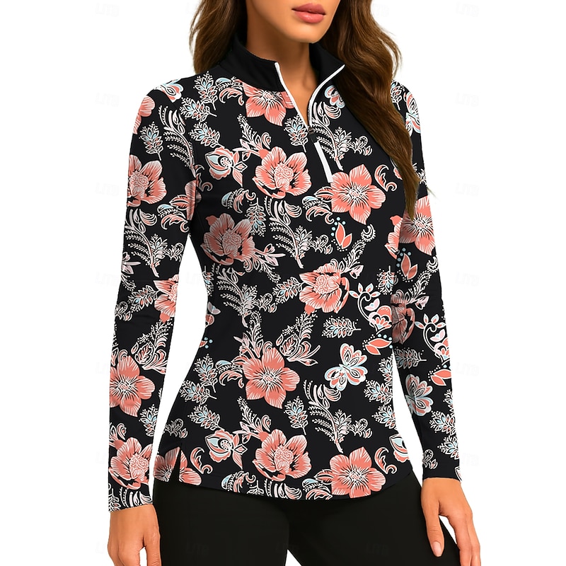 Women's Plants Floral Tropical Floral Botanical Tops Golf Polo Shirt Tennis Shirt Long Sleeve Print Quarter Zip Pullover UV Protection Elastic Breathable Tennis Golf Pickleball Stand Collar Zip Collar3