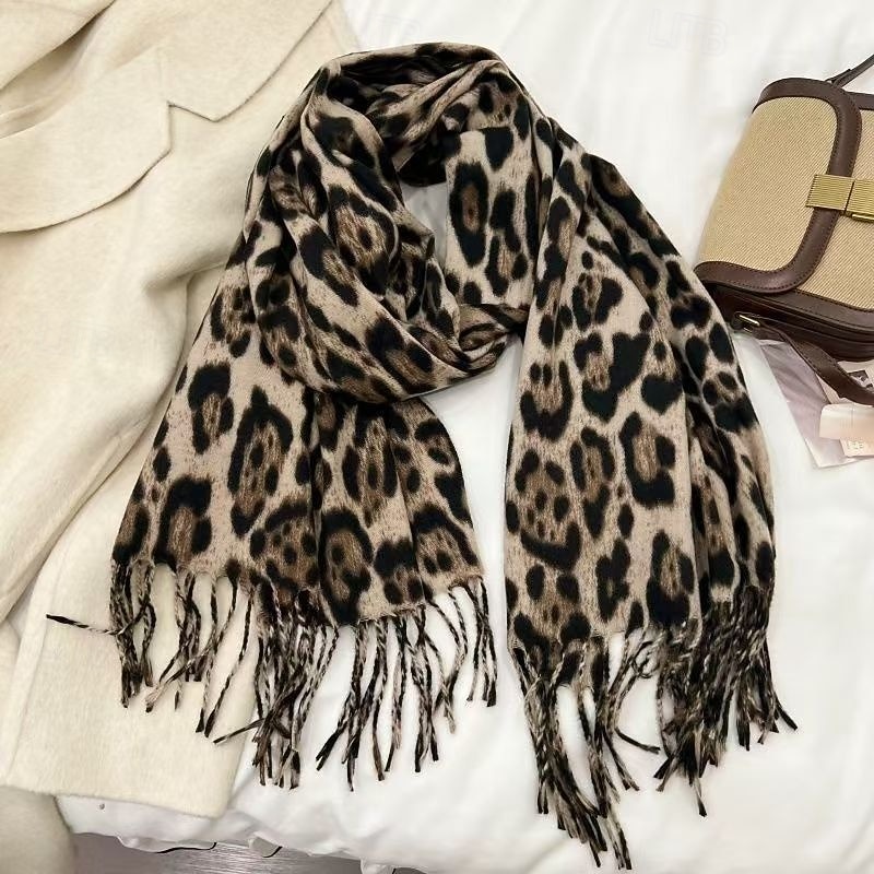 Women's Rectangle Scarf Street Daily Date Grey Beige Scarf Leopard2