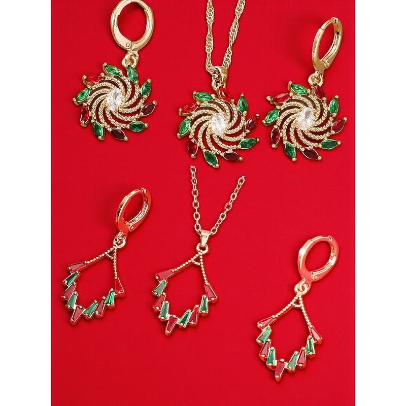 Women's Christmas Jewelry Set – 2-in-1 Gold-Plated Green Crystal Earrings & Necklace Styles, Holiday Accessories for Festive Party Looks
