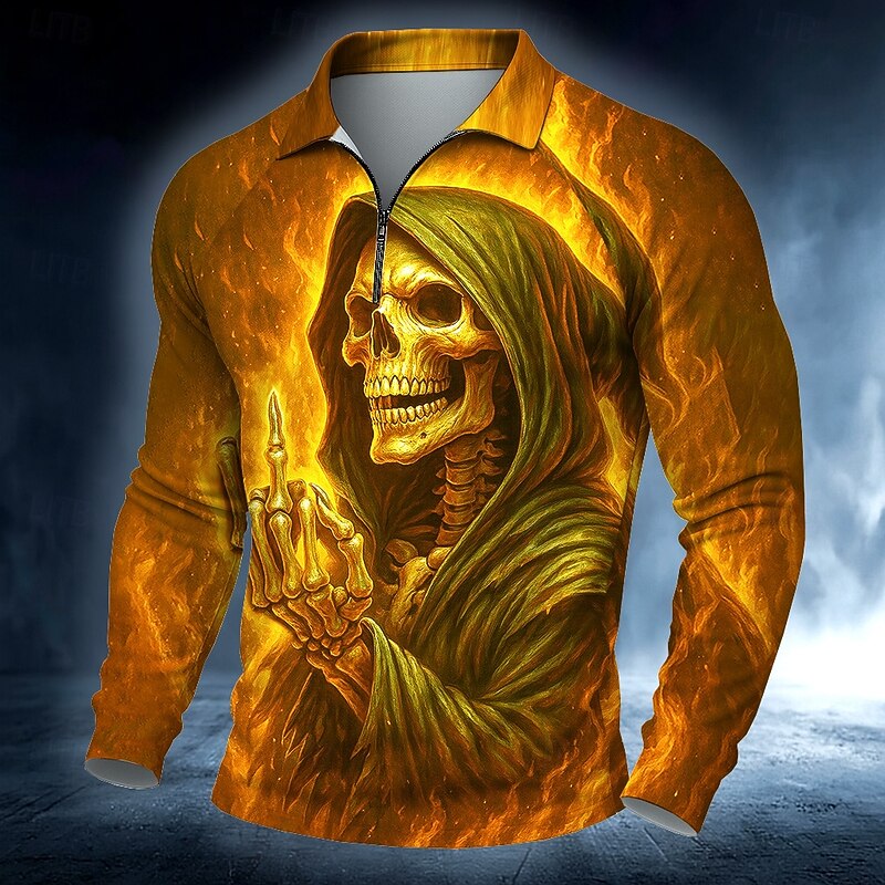 Day of the Dead Men's Skull Skulls Polo Long Sleeve Polo Shirts Casual Dark Outdoor Street Daily Wear 3D Print Quarter Zip Polo Spring Fall Winter Red Orange Green2