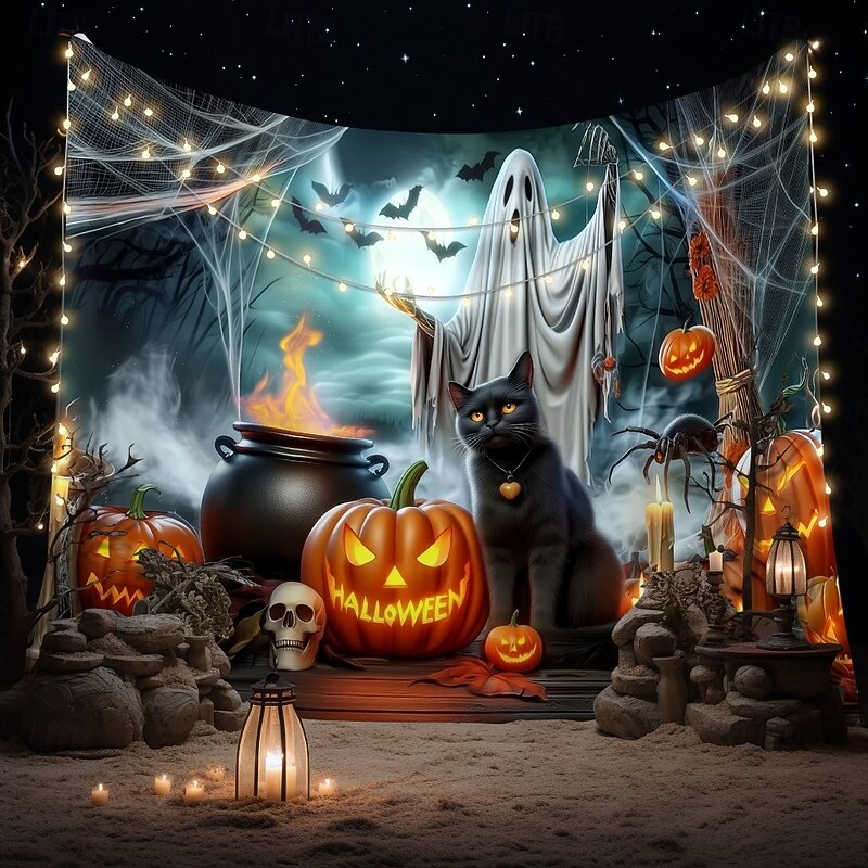 Halloween Witch Cauldron Wall Tapestry – Ghost, Pumpkins, and Potion Scene, Spooky Night Gothic Backdrop for 2025 HALLOWEEN Living Room, Bedroom, Party Decoration3