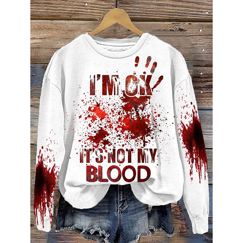 Halloween Women's Sweatshirts Bloodstain Graphic Letter Casual Long Sleeve Crew Neck Regular Tops Street Dailywear Casual Print White Pink Orange Gray Spring Fall Winter