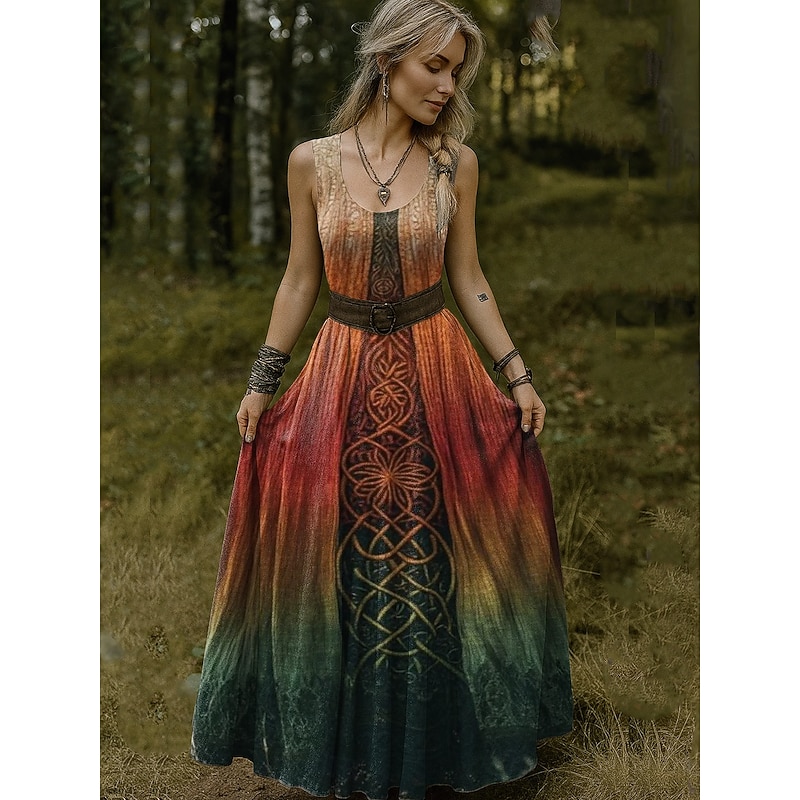 Women's Vintage Viking Celtic Knot Gradient Art Dress Pleated Dress Vacation Casual Boho Standard Fit Graphic Abstract Sleeveless V Neck U Neck Fuchsia Orange Amethyst2