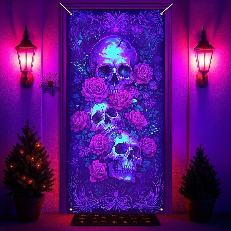 Halloween Door Cover Neon Skull and Roses Banner, Glowing Blacklight Entrance Decoration for Outdoor & Indoor 2025 Halloween Bedroom, Living Room, Bathroom