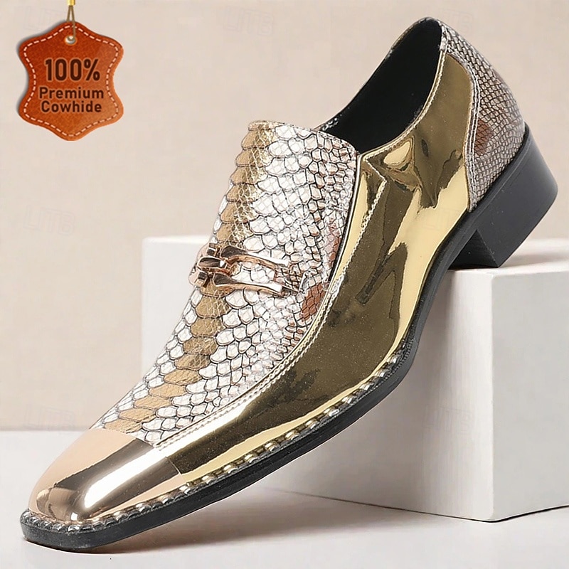 Men's Gold Crocodile Texture Genuine Leather Loafers Glossy Finish with Chain Accent for Formal Parties Weddings Stage and Clubwear