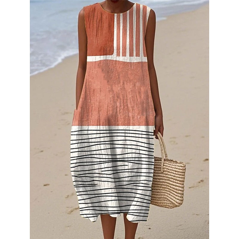 Women's Midi Dress Sundress Shift Dress A Line Dress Vacation Casual Boho Going out Beach Loose Fit Graphic Geometric Sleeveless Crewneck Pink Dark Pink Blue Purple Summer Spring